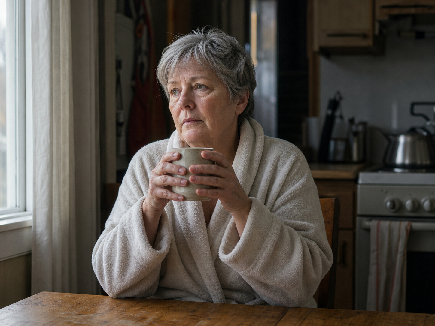 Older woman at her kitchen counter in early morning light, holding a coffee mug with both hands