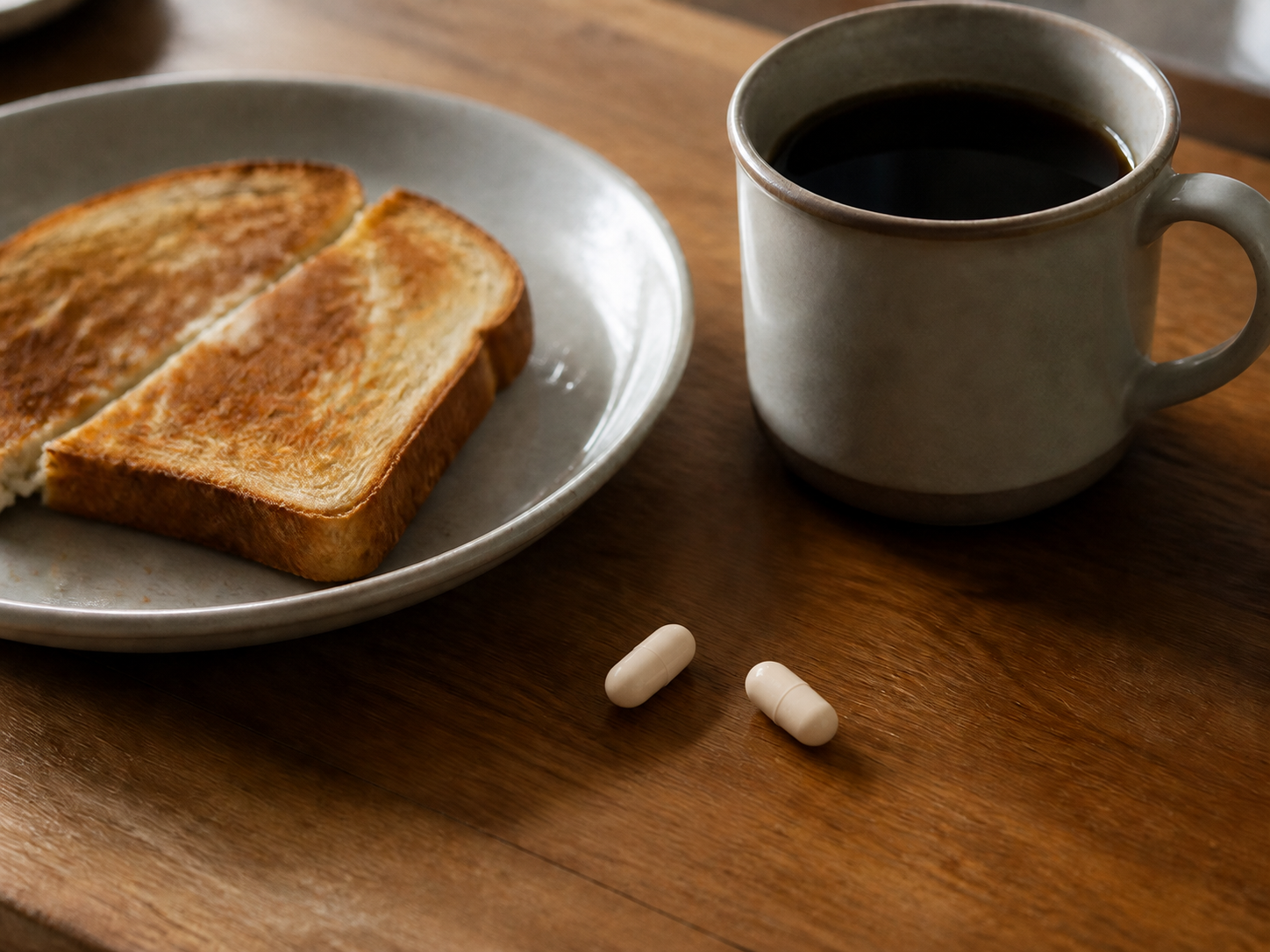 Two capsules beside a breakfast plate and morning coffee