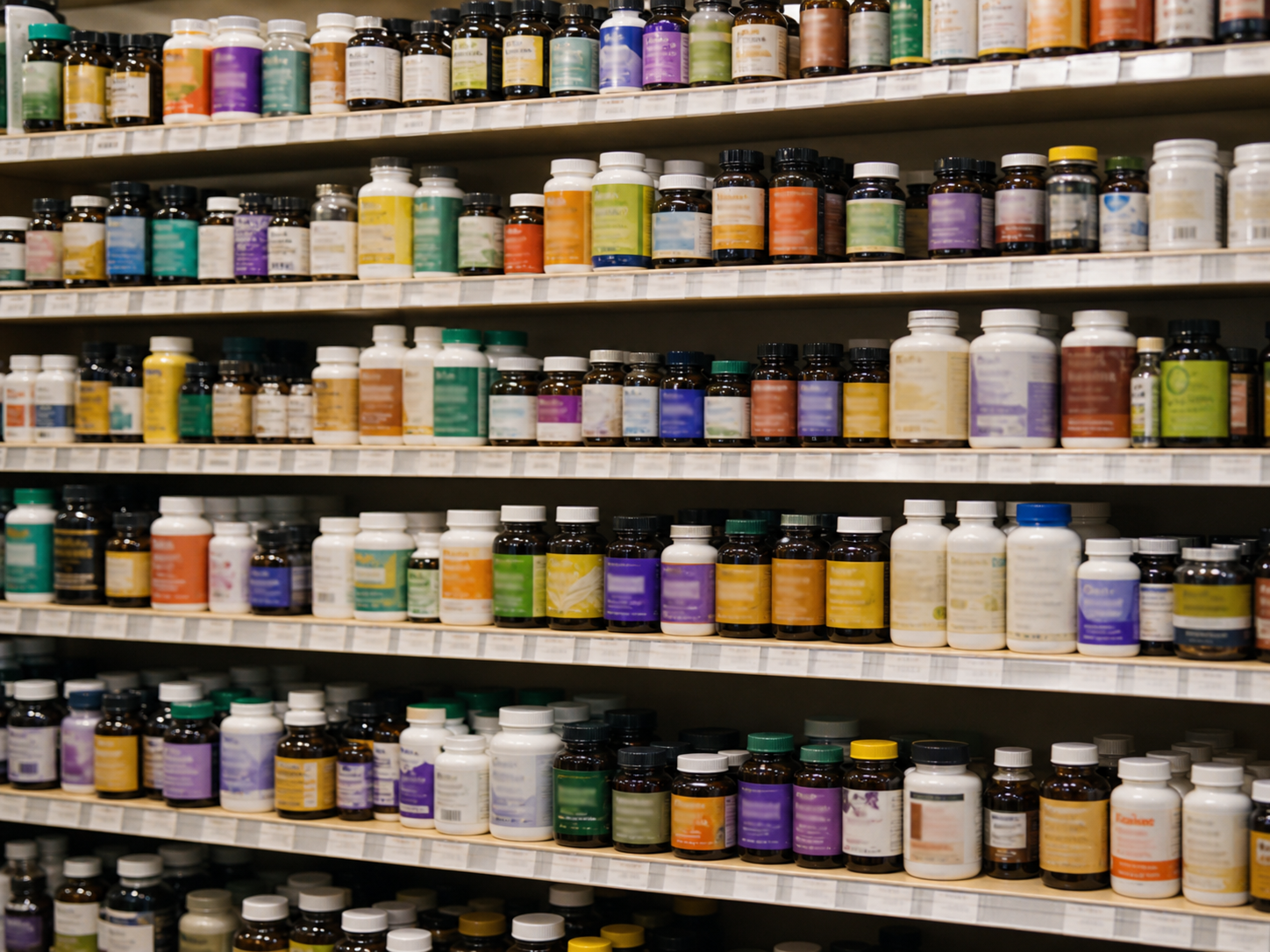 A store shelf lined with look-alike turmeric supplement bottles