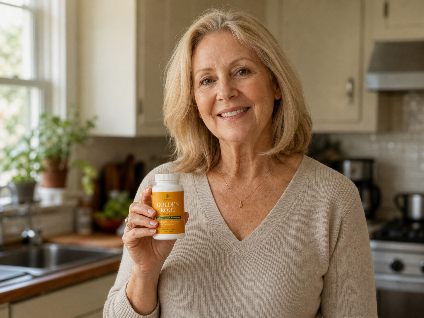 A hand holding a bottle of Golden Root Complex