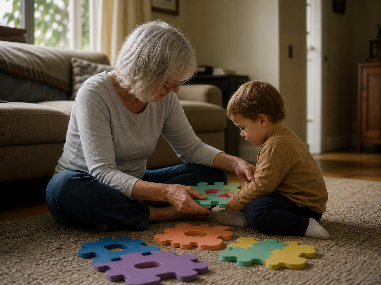 A grandmother sitting on the floor doing a foam puzzle with her granddaughter