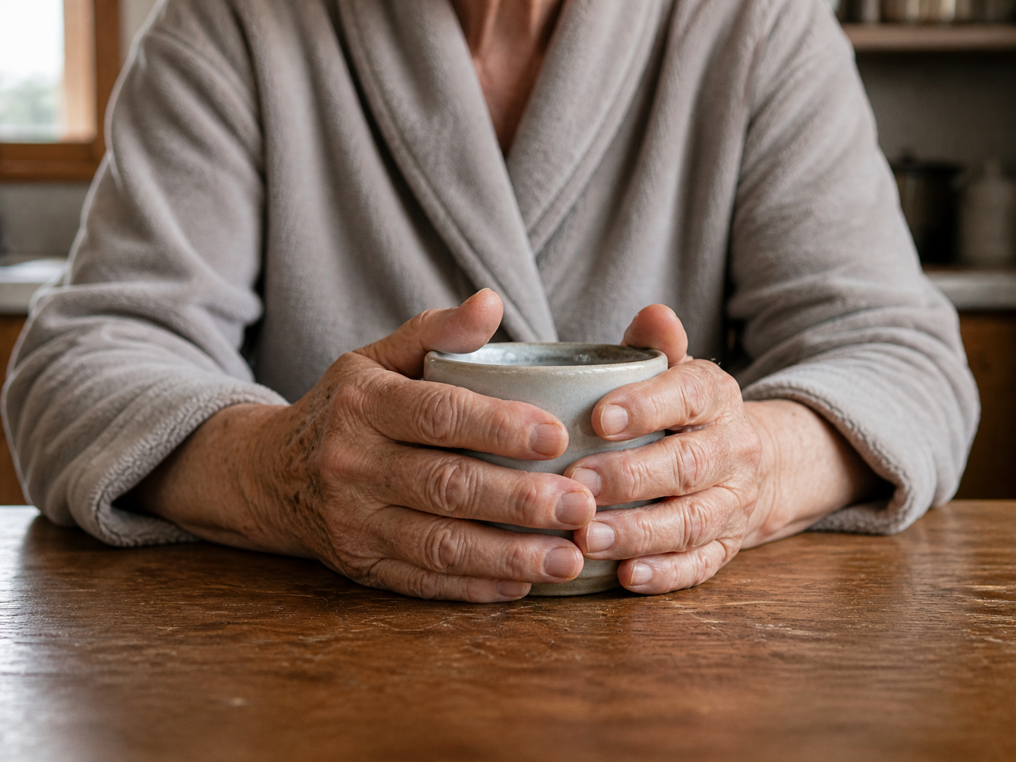 Close-up of two hands wrapped around a warm coffee mug on a kitchen counter