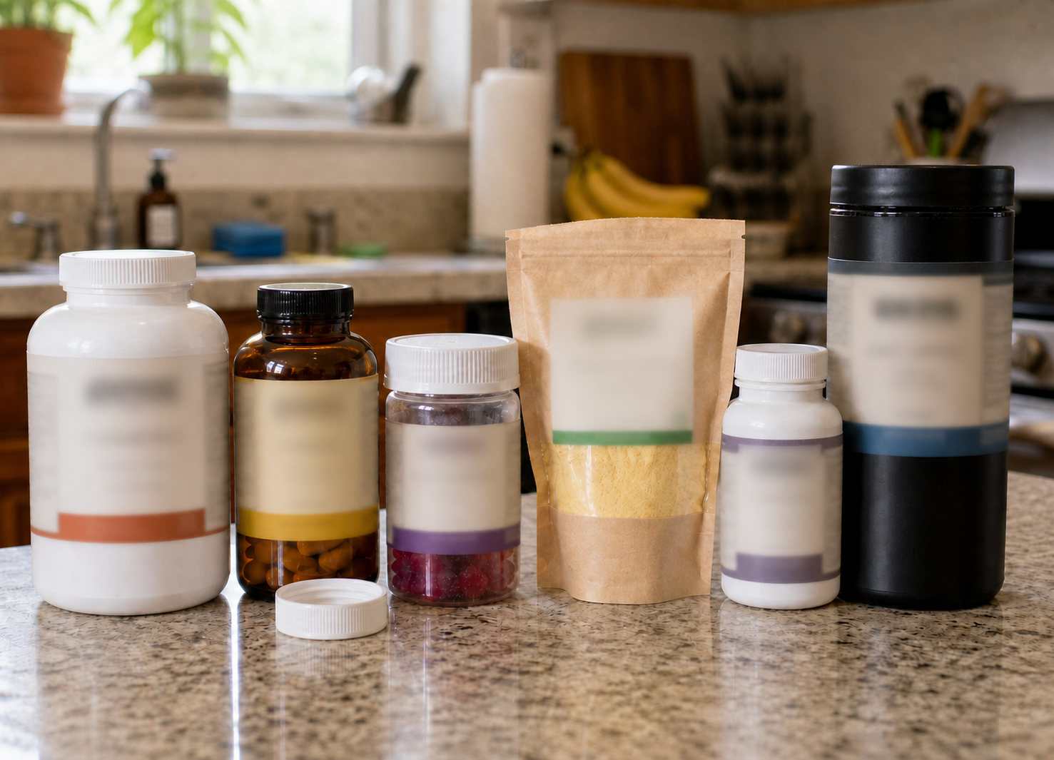 Six assorted turmeric supplement bottles collected over two years