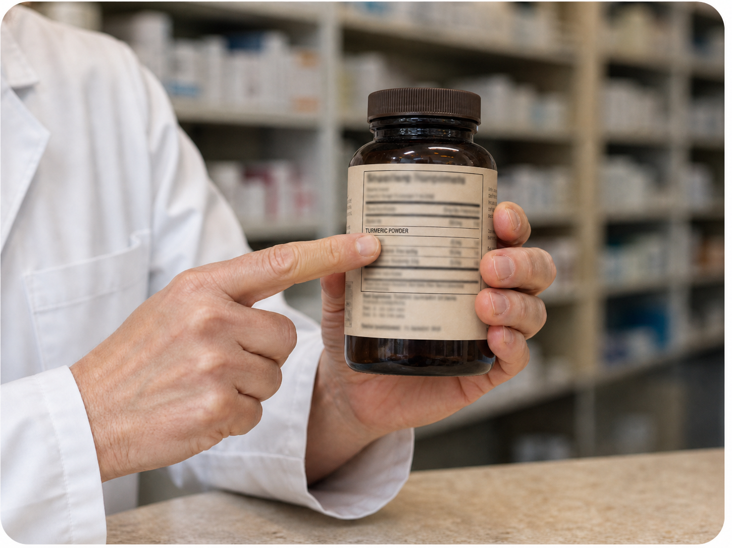 A pharmacist at the counter reading the ingredient panel of a turmeric bottle