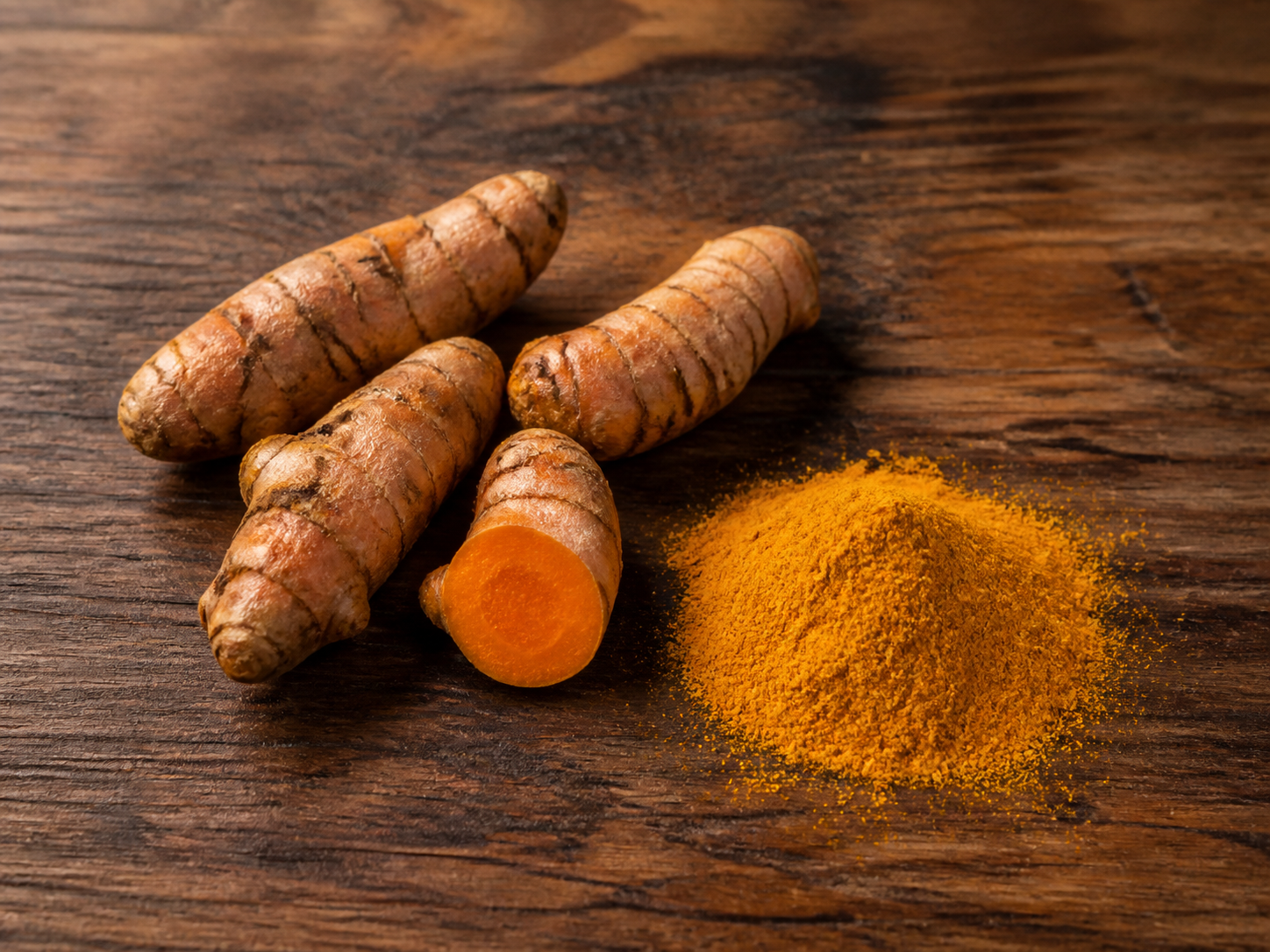 Fresh turmeric root next to a pile of ground turmeric powder