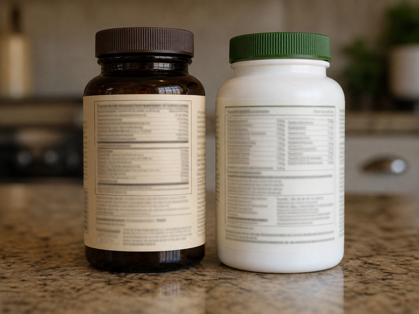 Two supplement bottles turned around to compare their ingredient panels